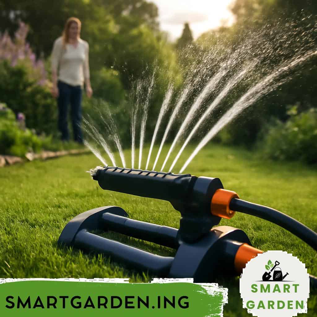 Automatischer Rasensprenger bewässert grünen Rasen im Garten.