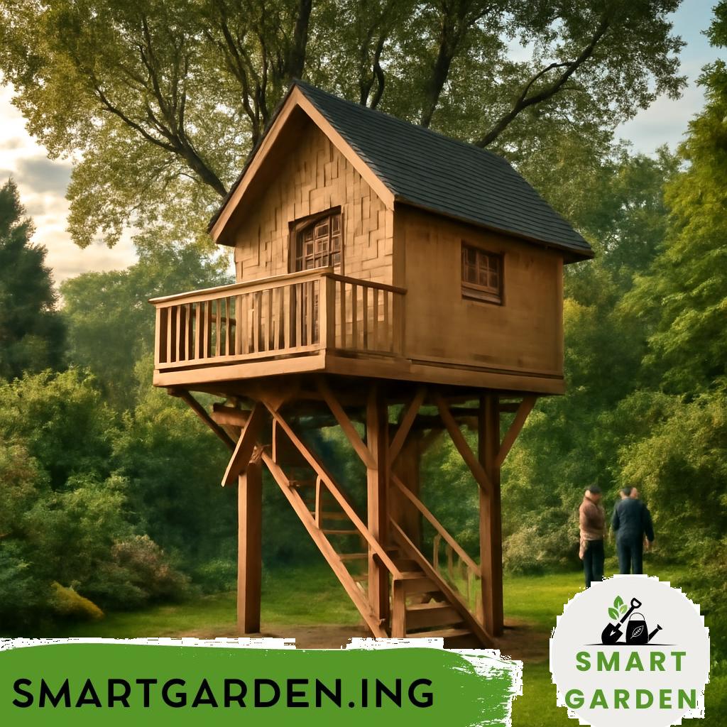 Baumhaus aus Holz in einem grünen Wald.