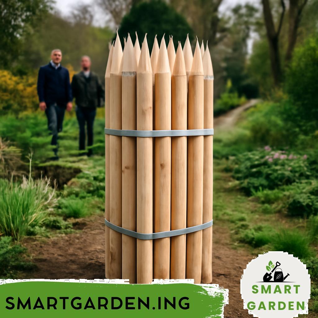 Baumpfähle aus Holz zur Stabilisierung junger Bäume im Boden.