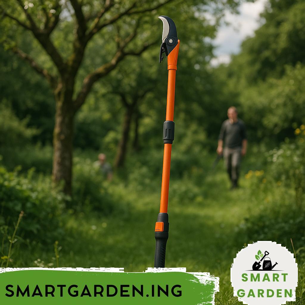 Baumschneider schneidet Äste mit Motorsäge im Garten.