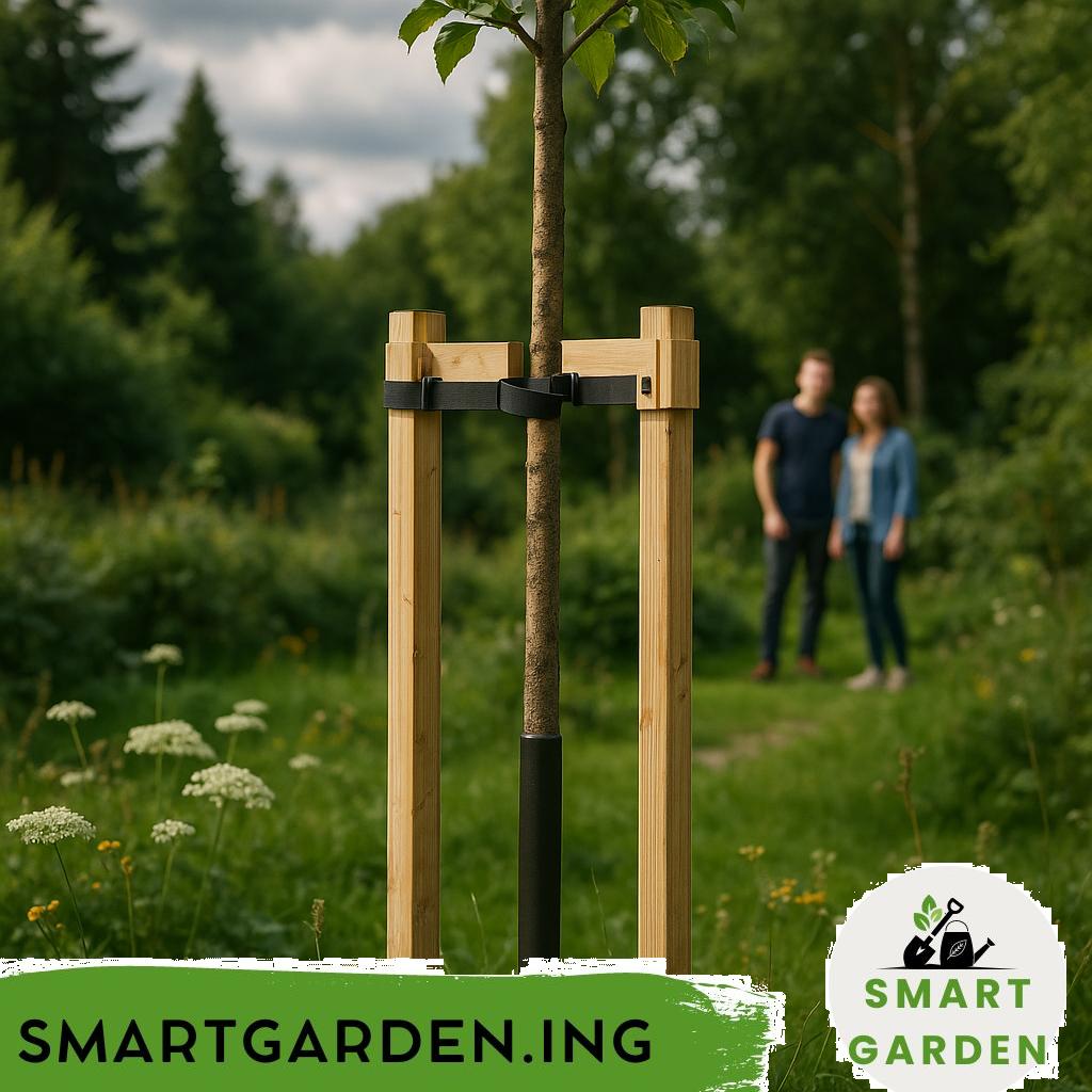 Baumstützen aus Holz zur Stabilisierung junger Bäume im Freien.