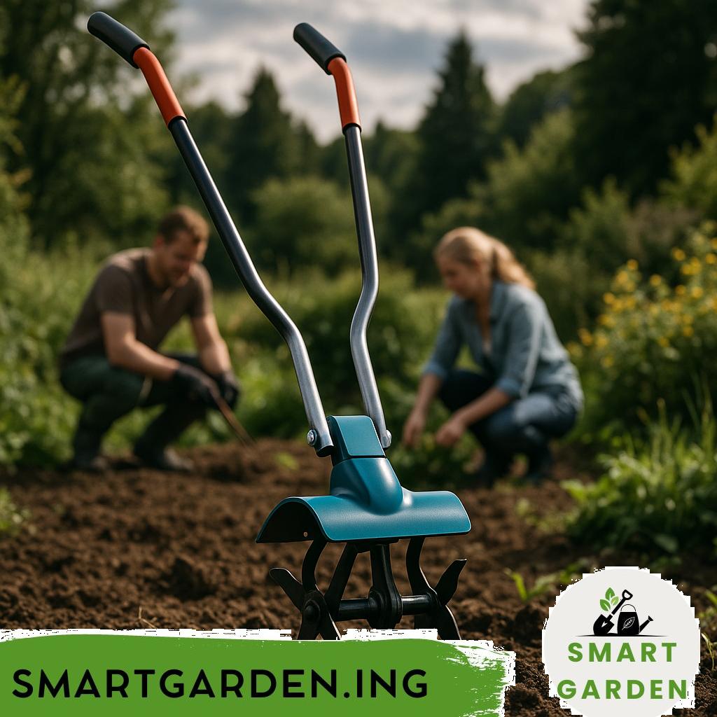 Beetbearbeitungsgeräte wie Gartenfräse und Hacke im Einsatz im Beet.