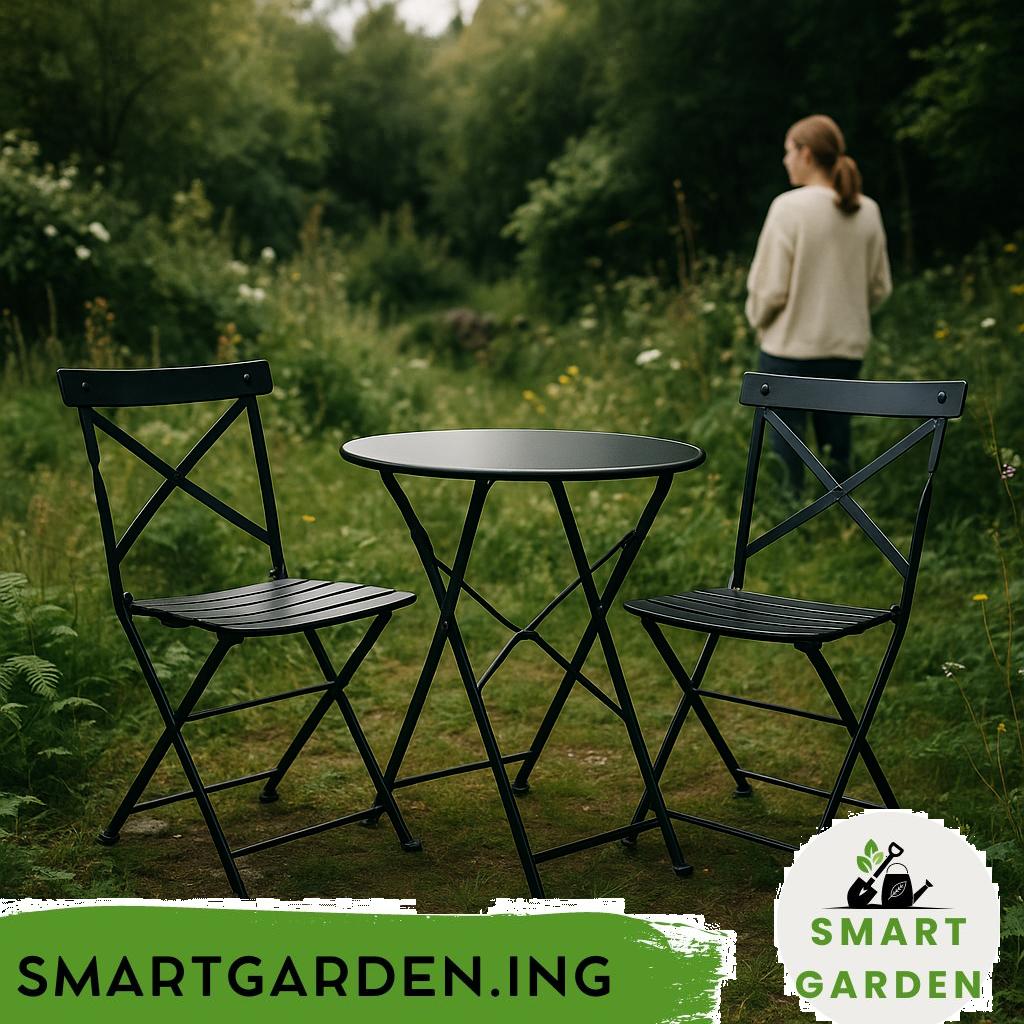 Bistro-Set aus Metall mit Tisch und zwei Stühlen.