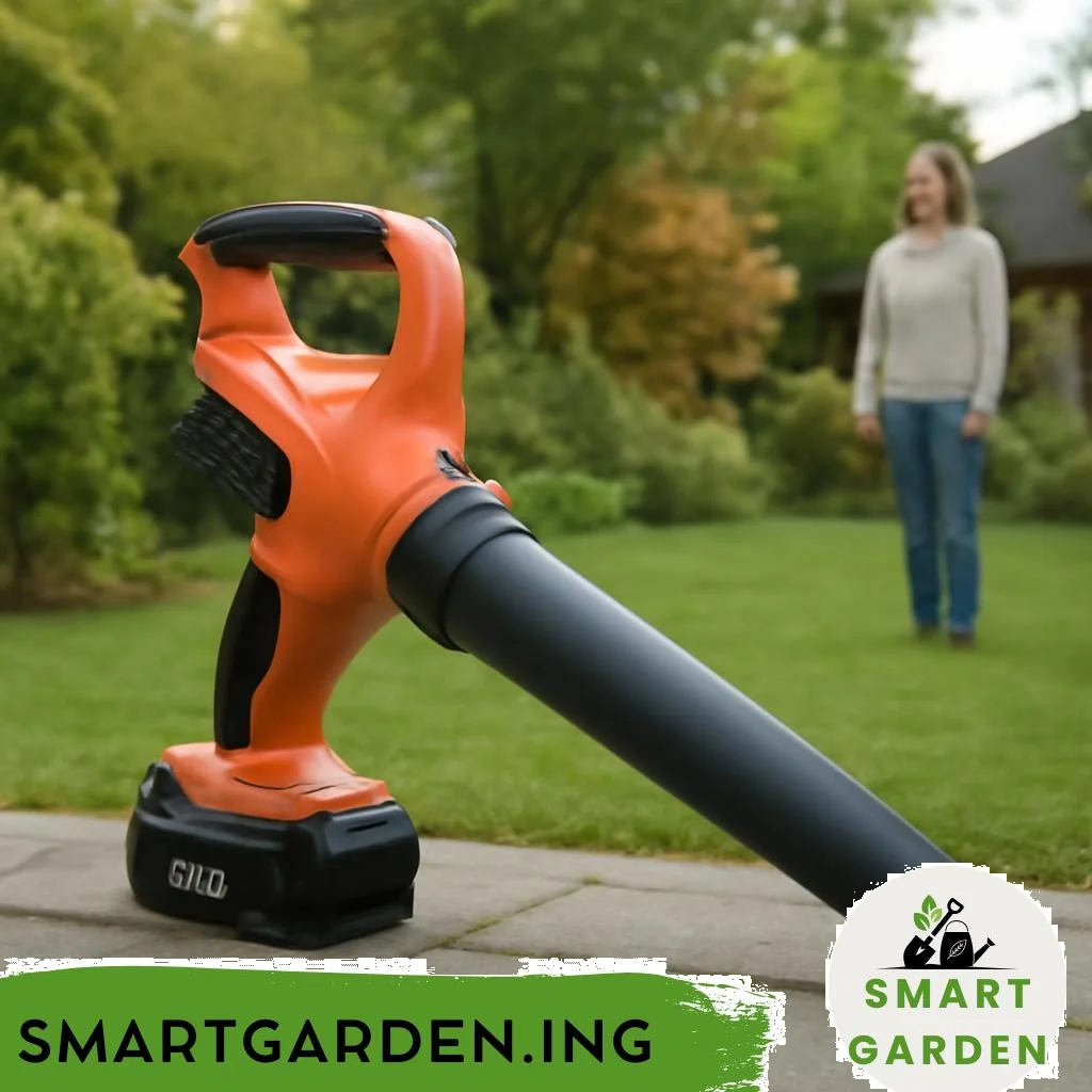 Akku-Blasgeräte im Garten blasen Laub von Rasen und Wegen