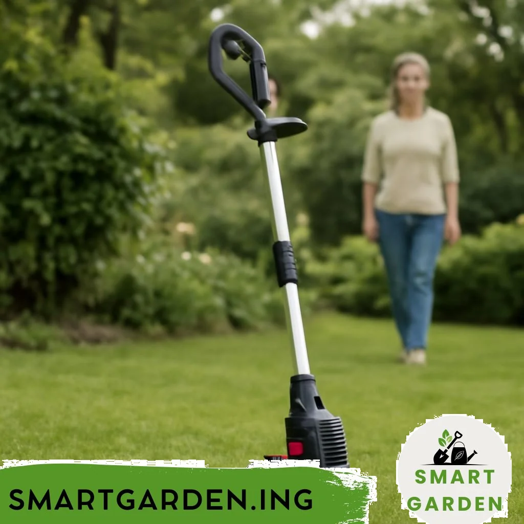 Akku-Floraschneider auf Gartentisch neben Schnittgut und Handschuhen