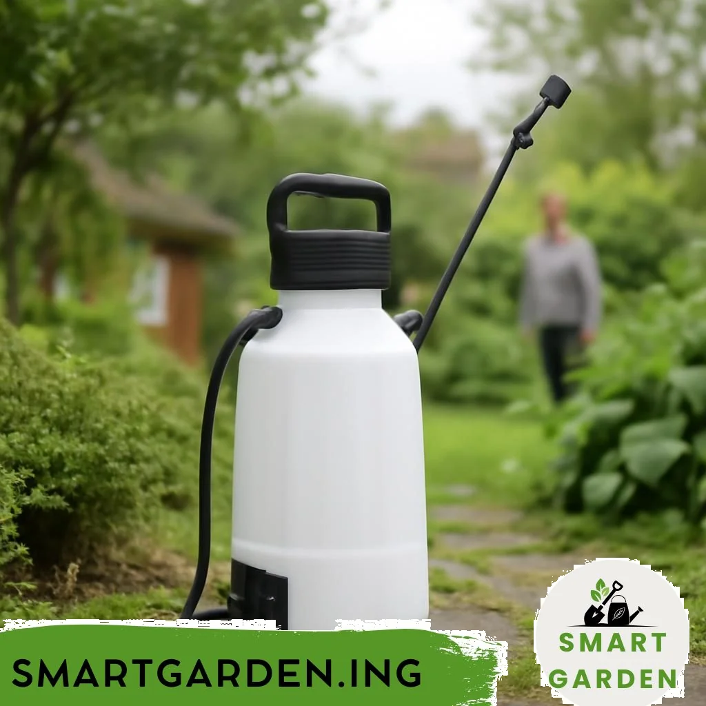 Akku-Florasprüher auf Gartentisch neben Topfpflanzen