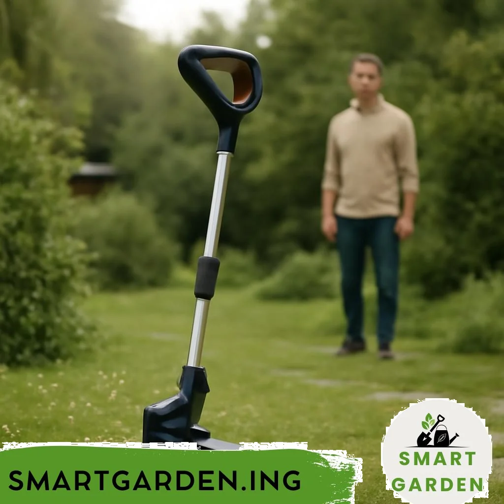 Akku-Freischneider im Garten beim Schneiden von Gras und Gestrüpp