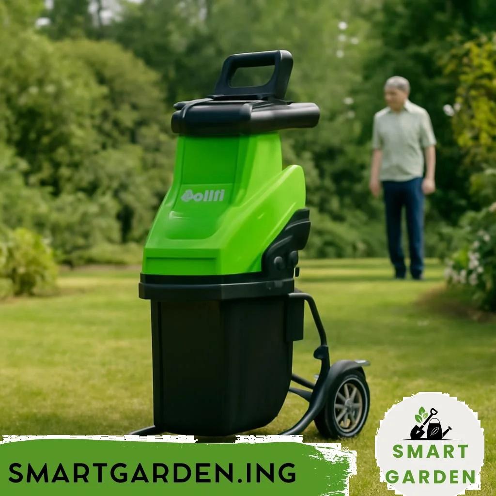 Akku-Gartenhäcksler im Garten neben Häckselgut