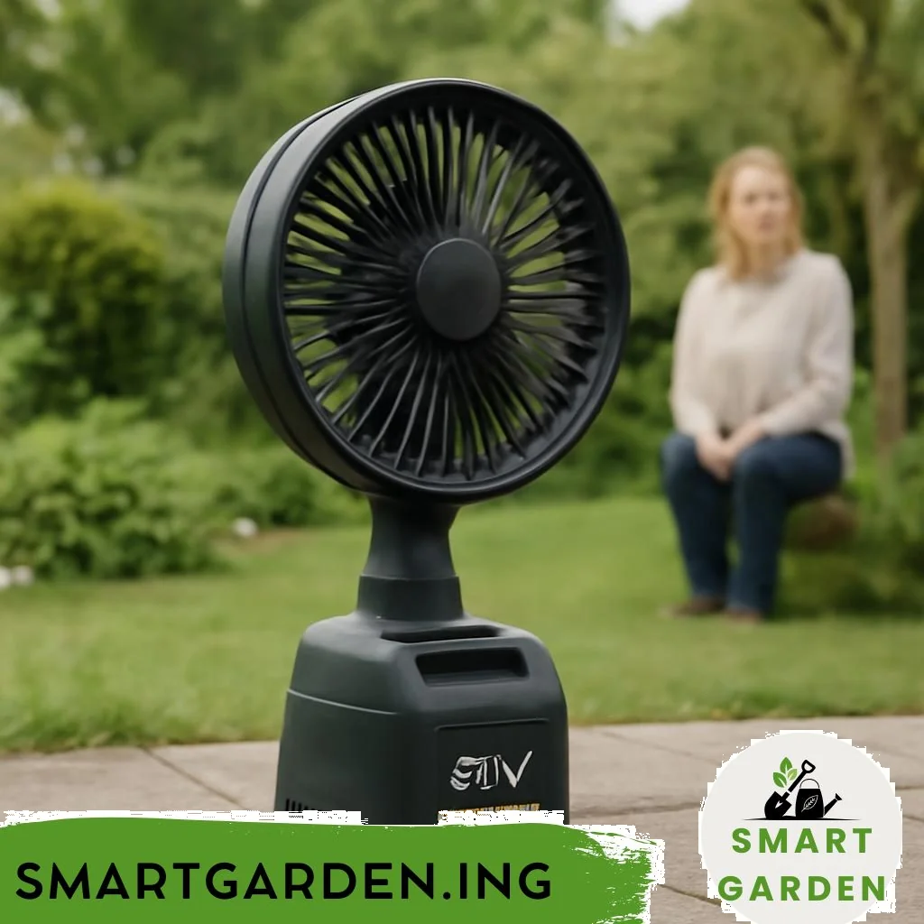 Akku-Gartenlüfter auf Rasen neben Laubhaufen