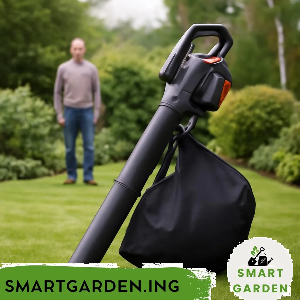 Akku-Gartenstaubsauger im Garten saugt Laub von Rasen