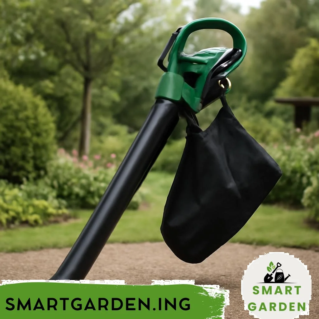 Akku-Gartenstaubsauger mit Blasfunktion im Garten, Laubaufnahme und Gebläse