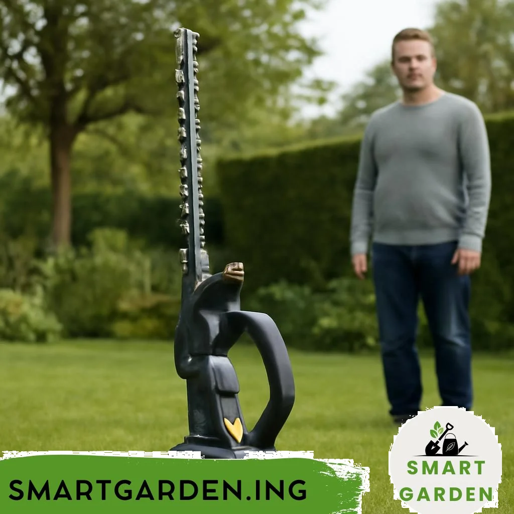 Akku-Heckenscheren im Garten, zwei Geräte auf gemähtem Rasen