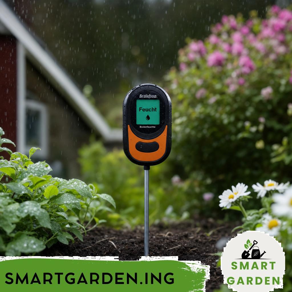 Bodenfeuchtesensor misst Feuchtigkeit in Gartenerde neben einer Pflanze