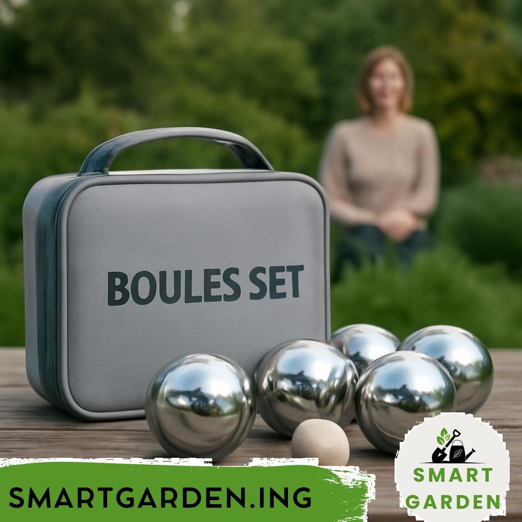 Bouleset mit Kugeln und Zielkugel im Garten