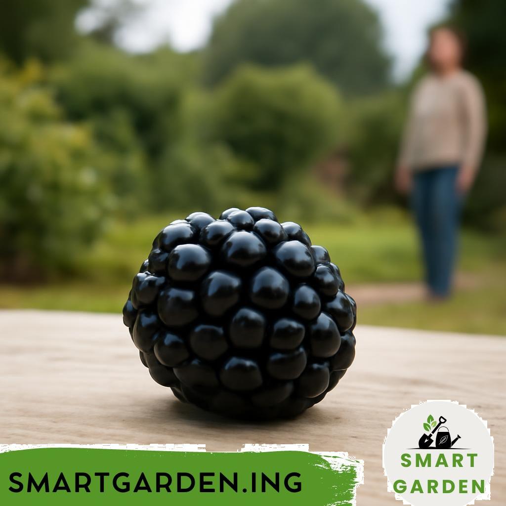 Nahaufnahme einer reifen Brombeere am Strauch im Garten