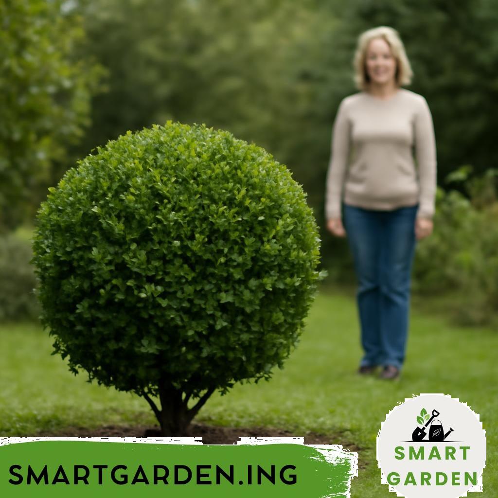 Buchsbaum im Garten, kugelgeschnittener Strauch neben Kiesweg