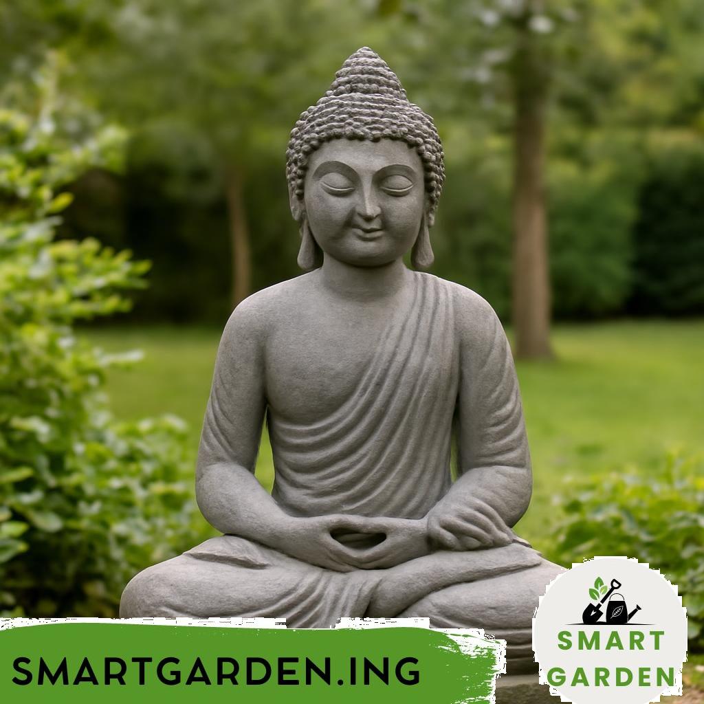 Buddha-Statue im Garten zwischen grünen Pflanzen und Kies