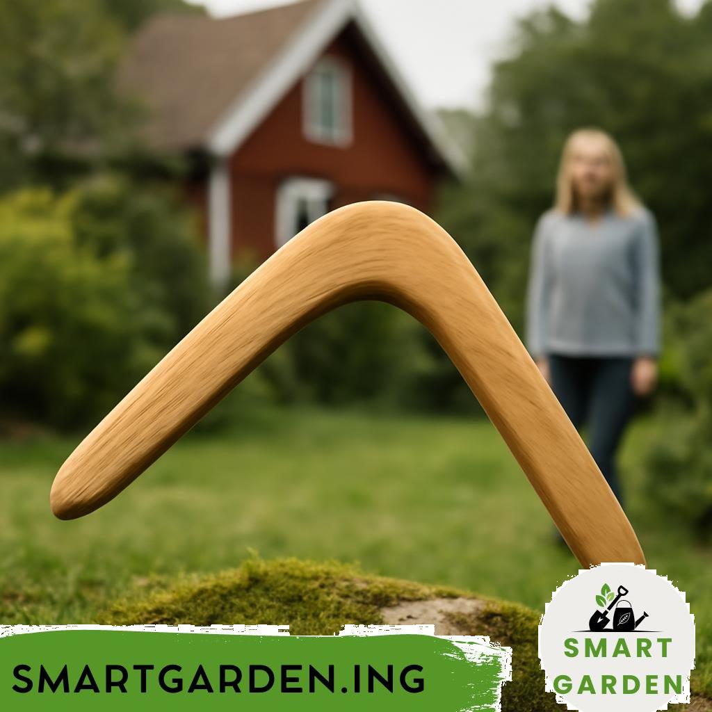 Bumerang aus Holz liegt auf grünem Gartenrasen