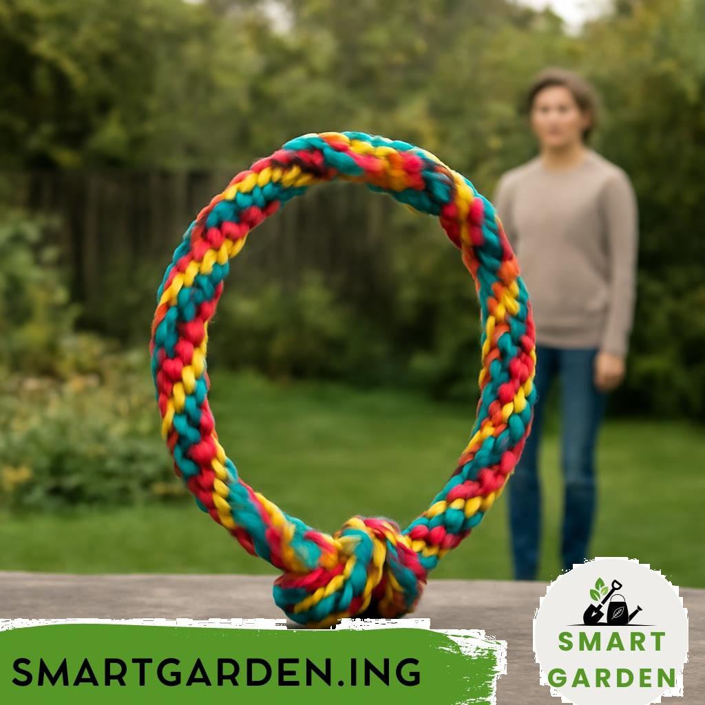 Buntes Band für Seilspiele im Garten an Seil befestigt