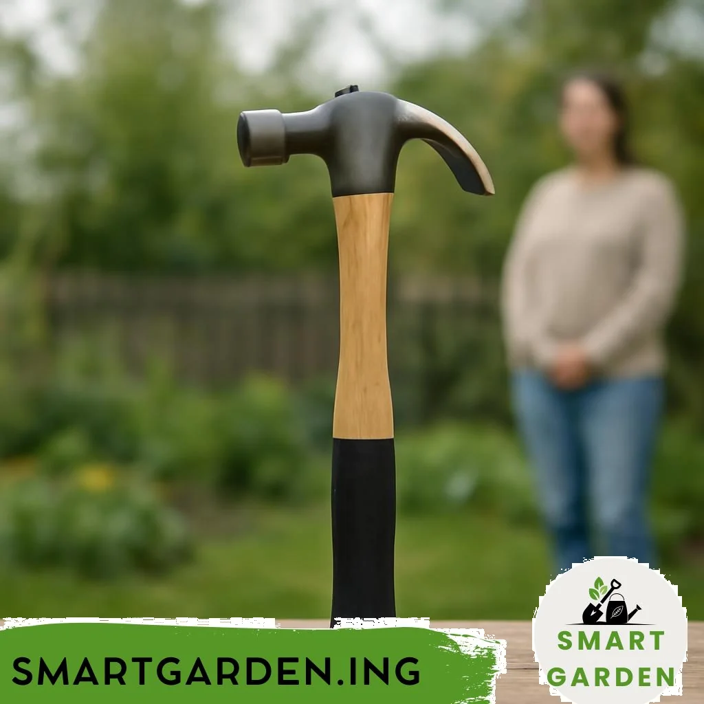 Hammer im Garten neben Pflanzen und Erde