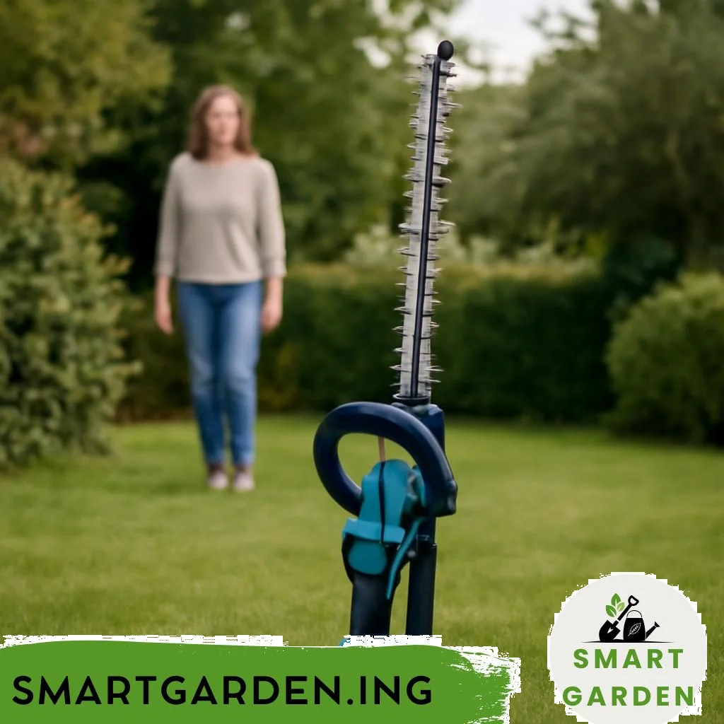 Akku-Heckenschneider im Garten beim Schneiden einer Hecke