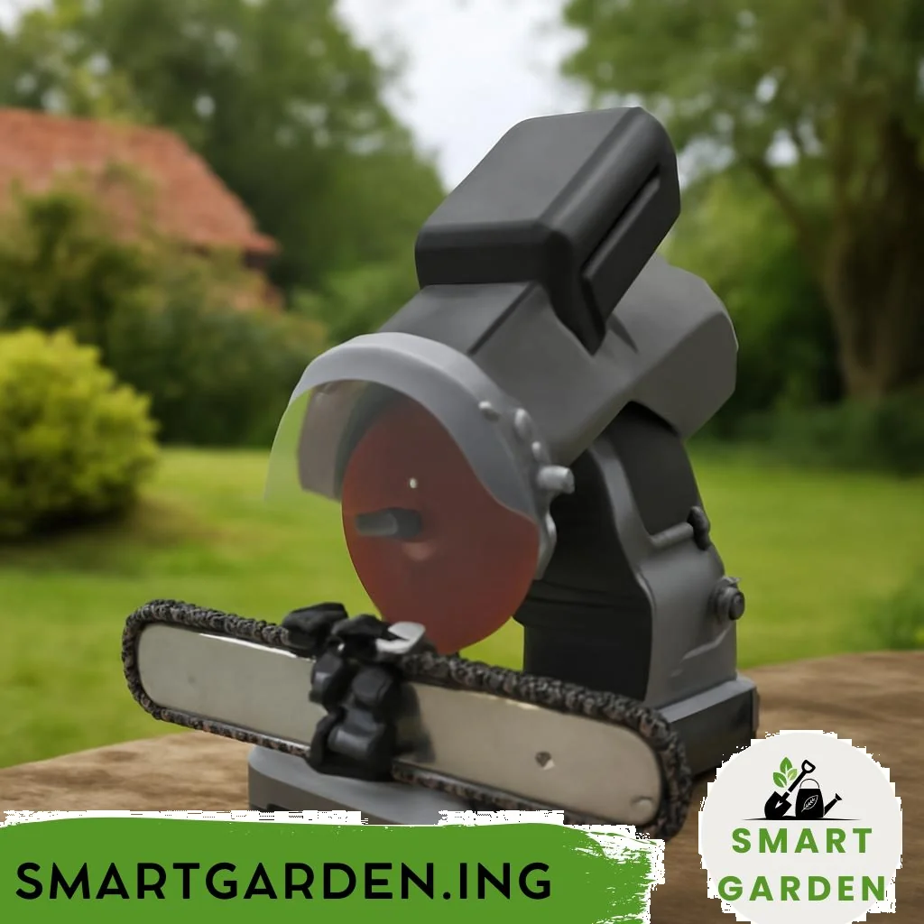 Akku-Kettensäge-Schärfgeräte auf Gartentisch neben Kettensäge