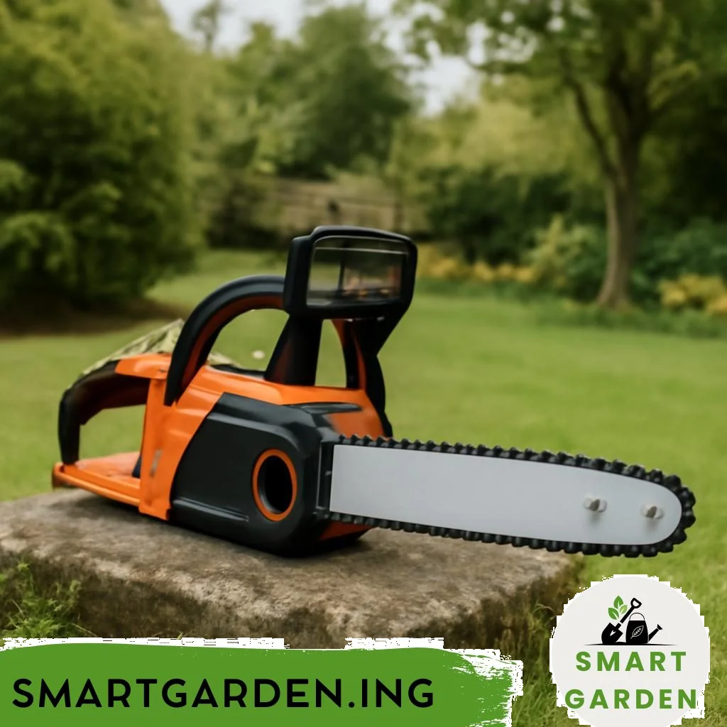 Akku-Kettensägen im Garten neben abgesägtem Baumstamm