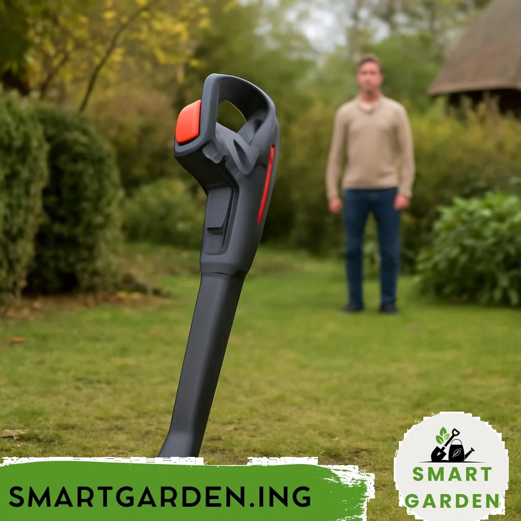 Akku-Laubbläser im Garten, Laub wird weggeblasen