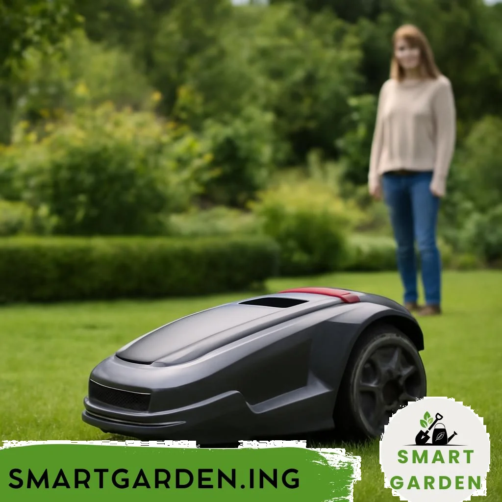 Akku-Mähroboter auf Rasenfläche im Garten