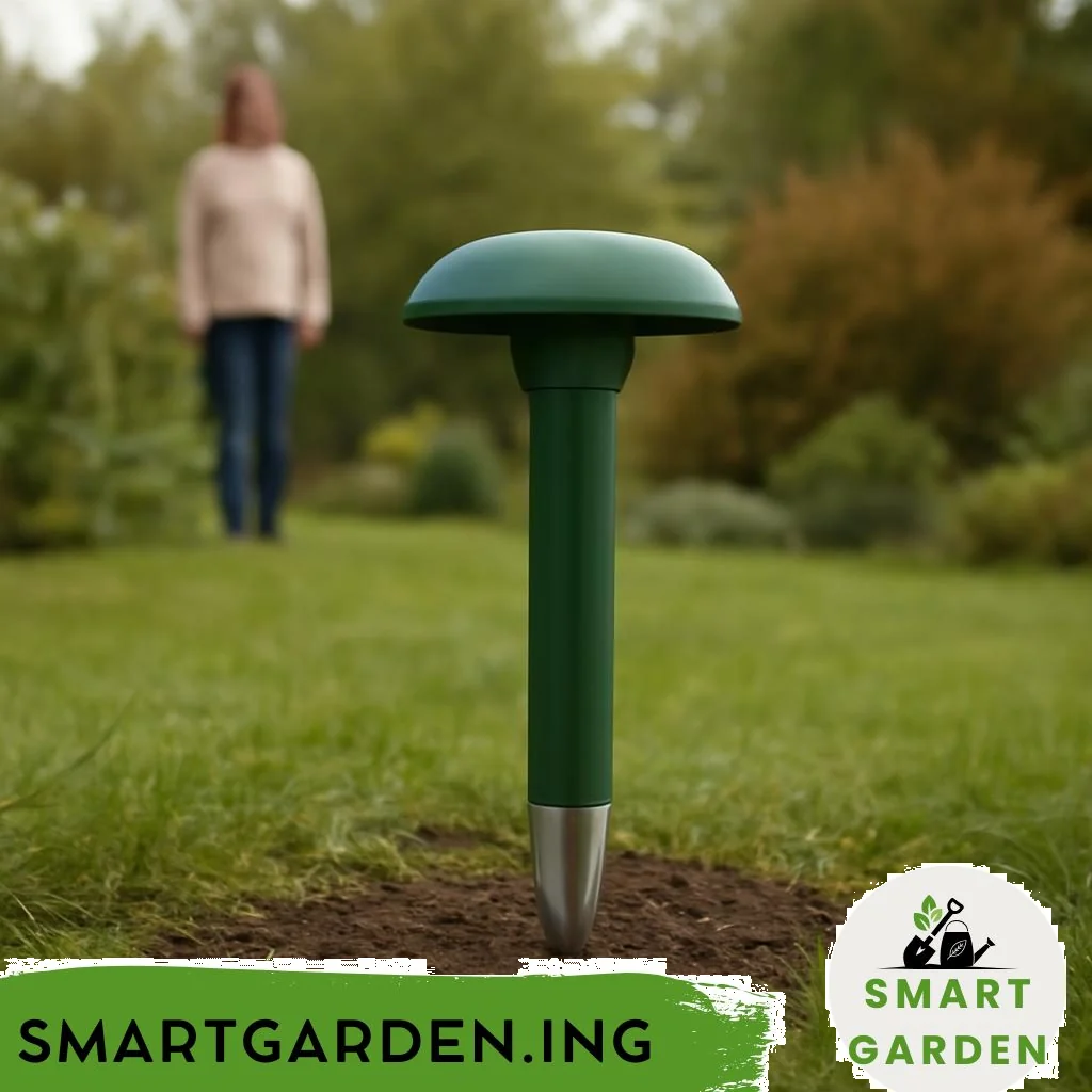 Akku-Maulwurfsperren im Garten: batteriebetriebene Geräte sichtbar im Rasen